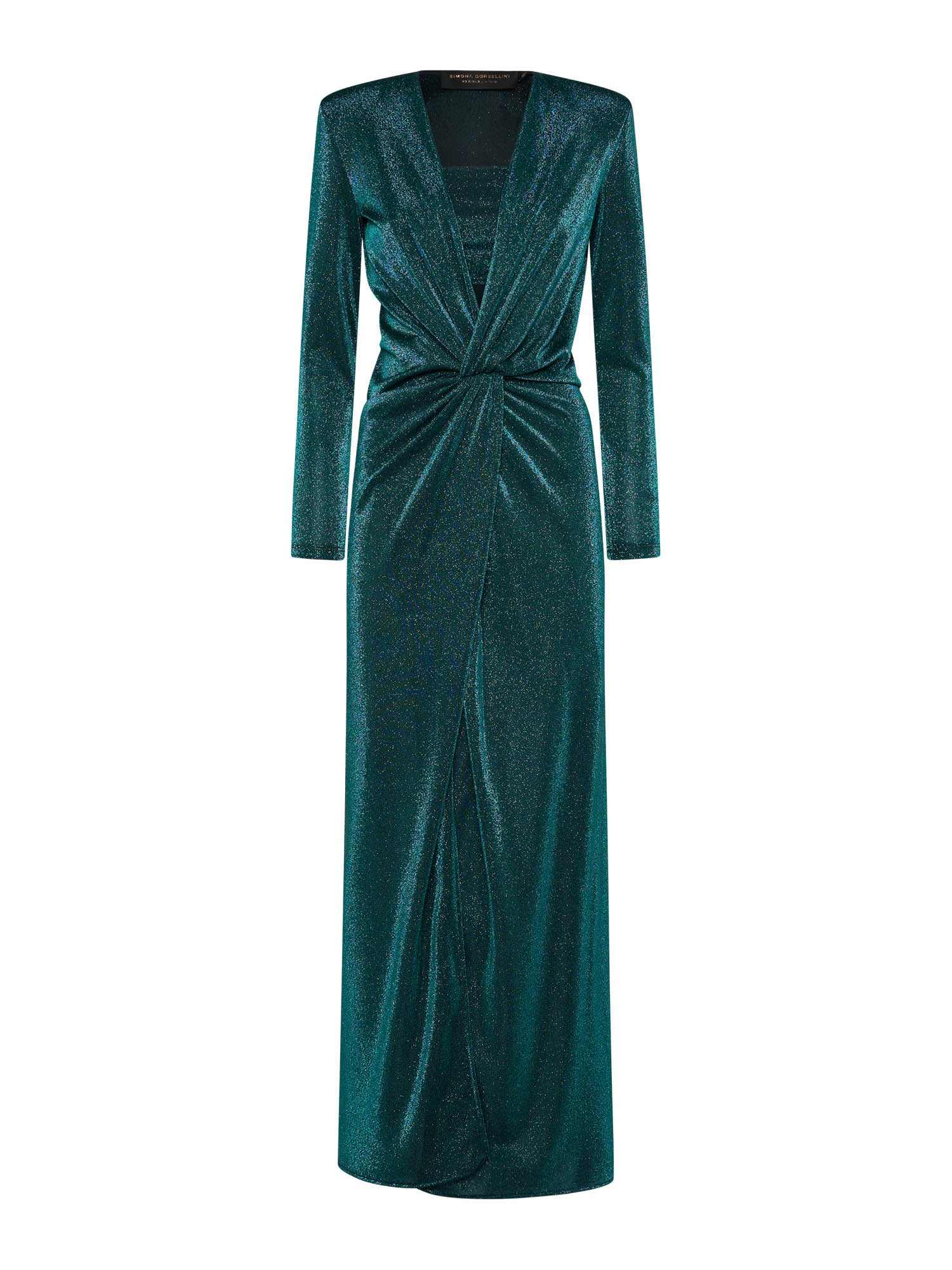 Long lurex jersey dress with crossover neckline and centre front slit