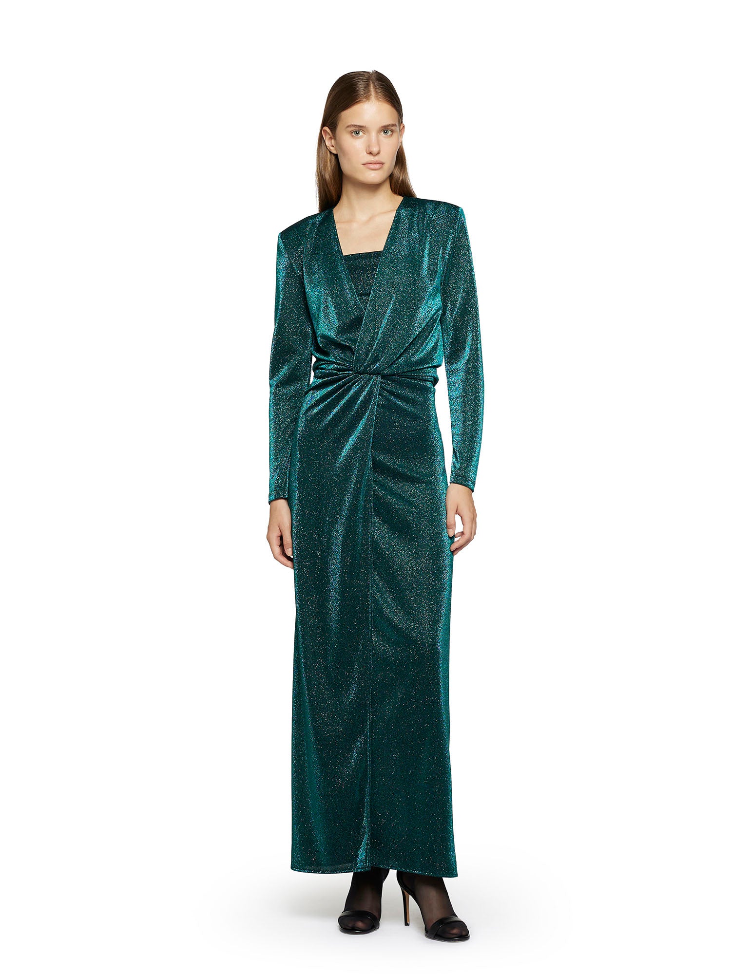 Long lurex jersey dress with crossover neckline and centre front slit