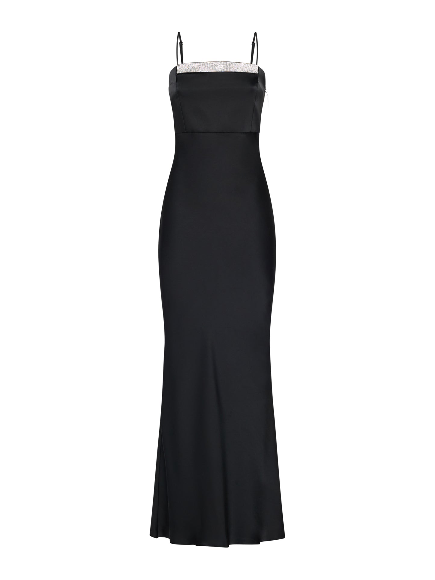 Long satin slip dress with crystal rhinestone band detail in the neckline