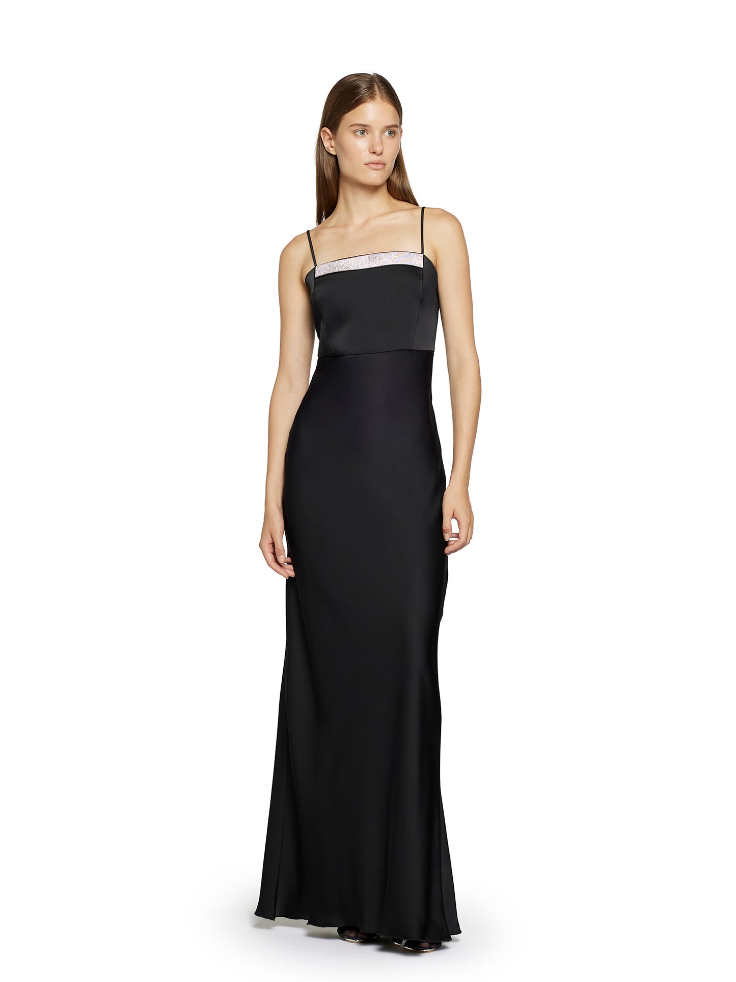 Long satin slip dress with crystal rhinestone band detail in the neckline