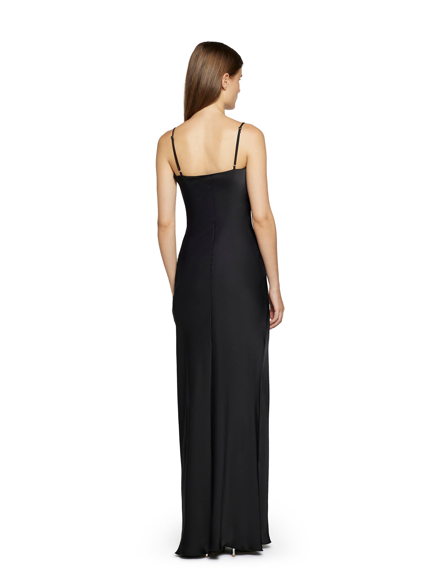 Long satin slip dress with crystal rhinestone band detail in the neckline