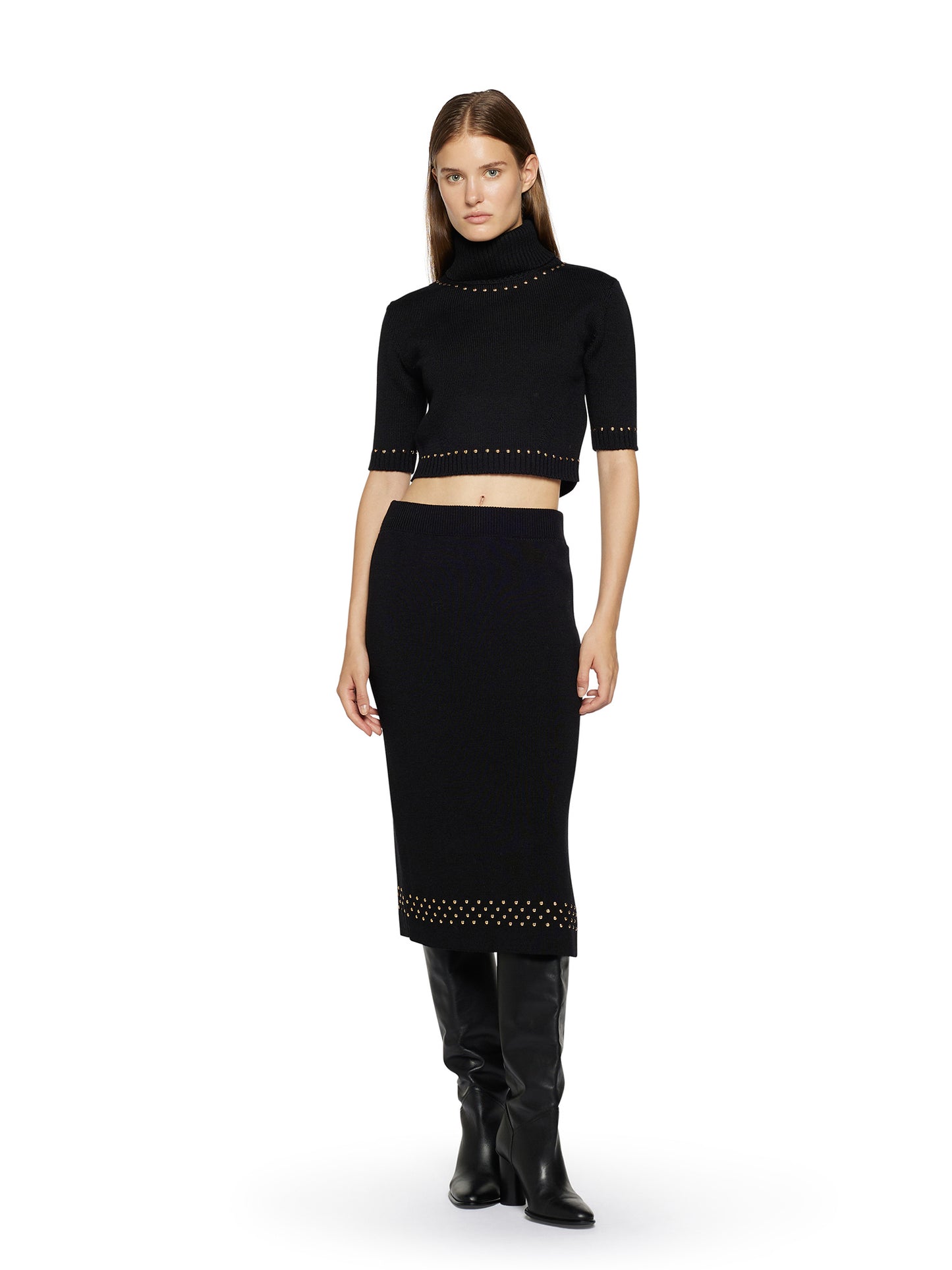 Wool-blend midi skirt with studs applied to the bottom