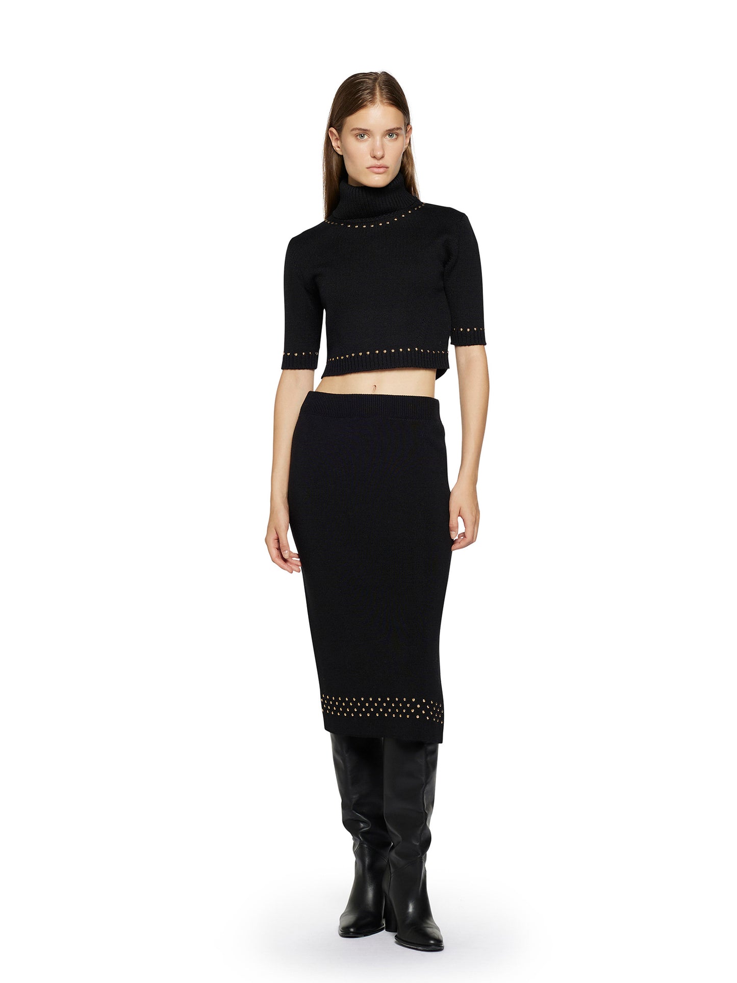 Cropped turtleneck in wool blend with studded application