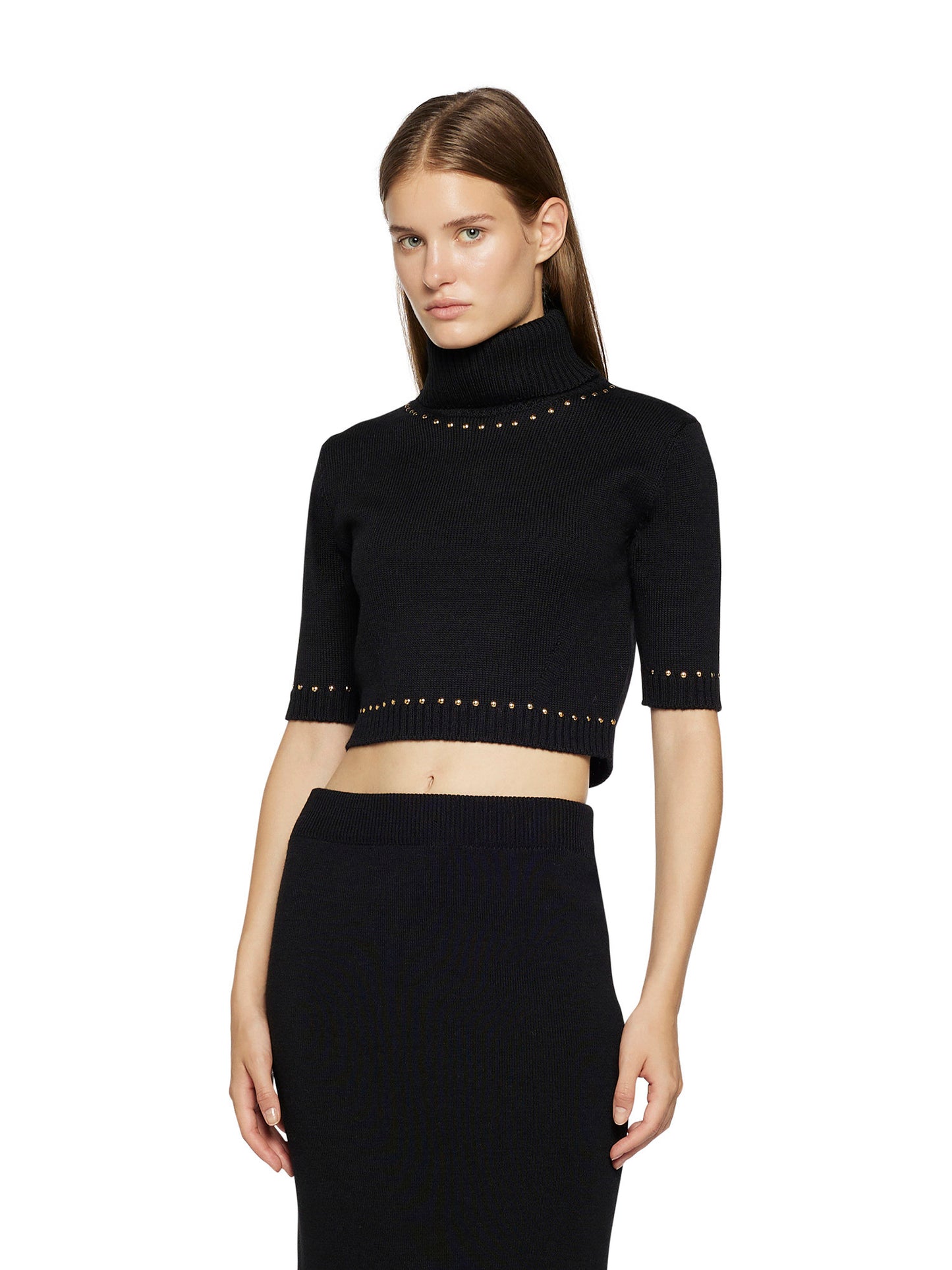 Cropped turtleneck in wool blend with studded application