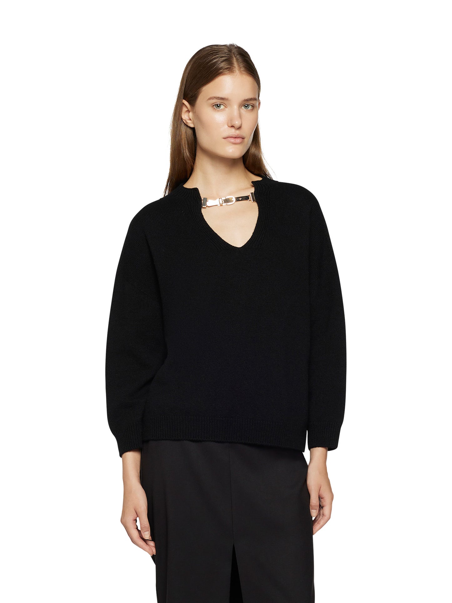 V-neck sweater with metal buckle detail