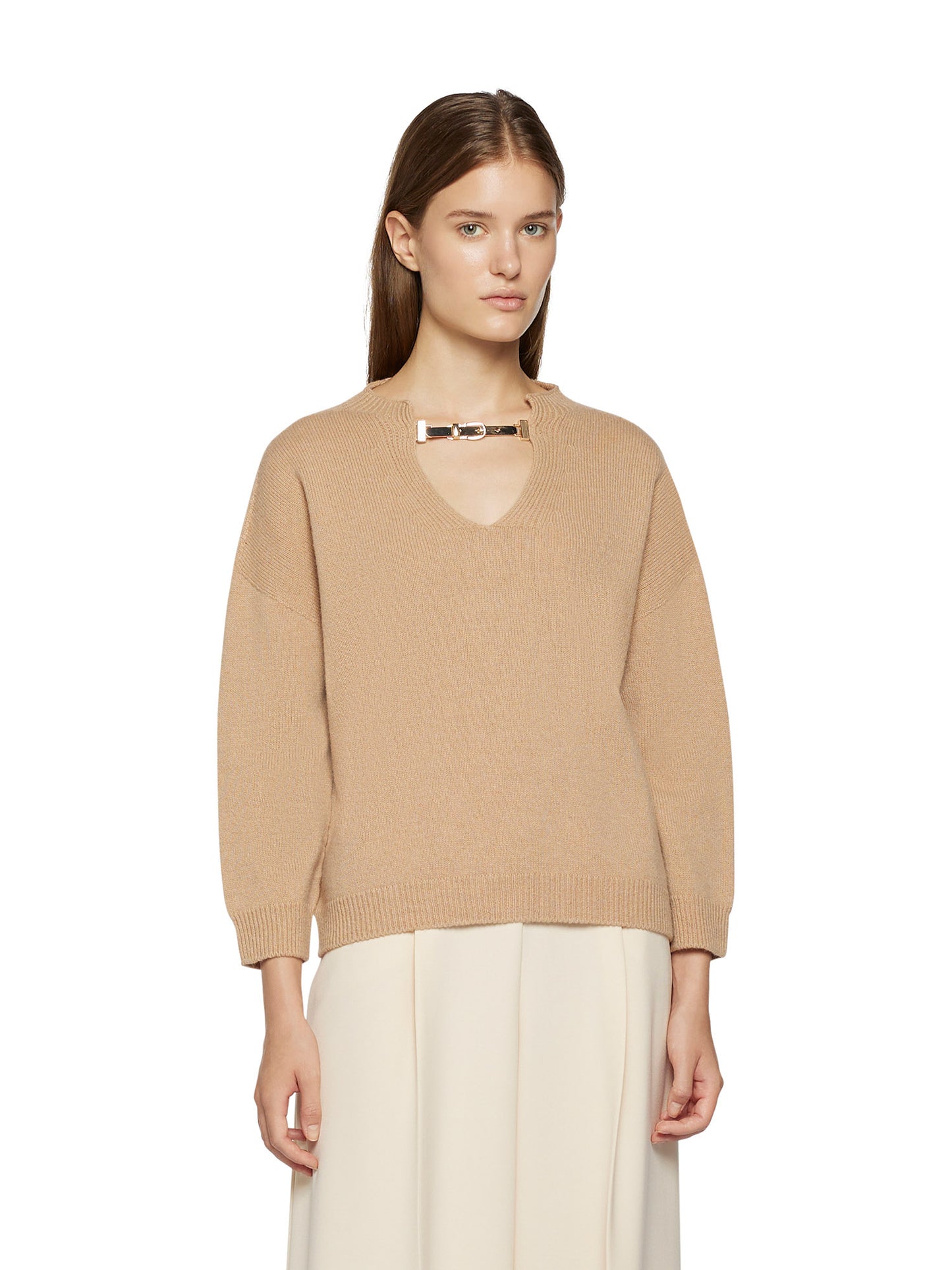 V-neck sweater with metal buckle detail