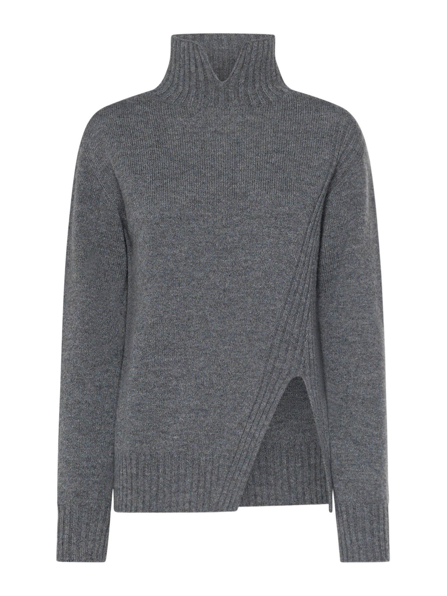 Sweater with open high neck and slanted front slit