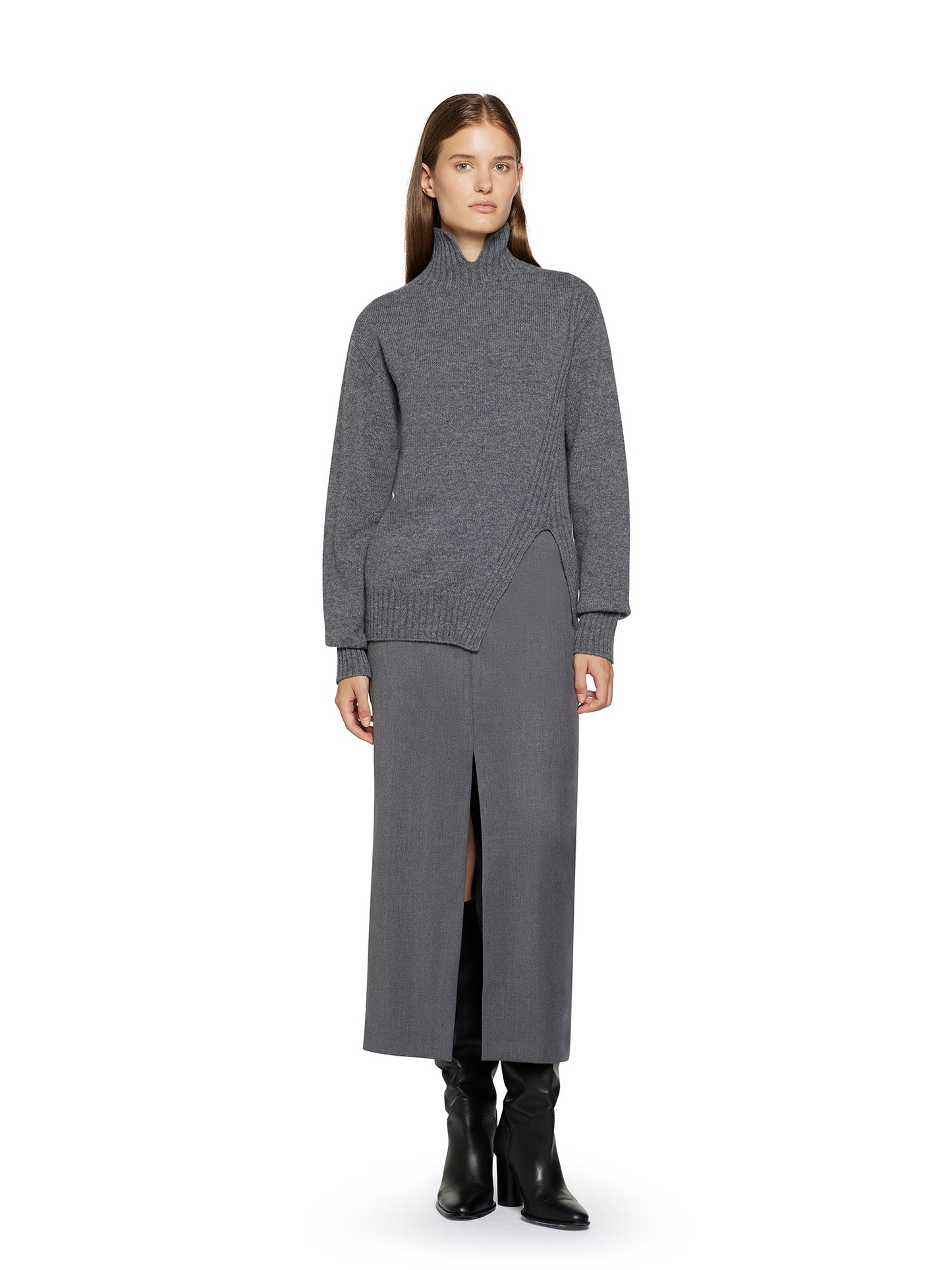 Sweater with open high neck and slanted front slit