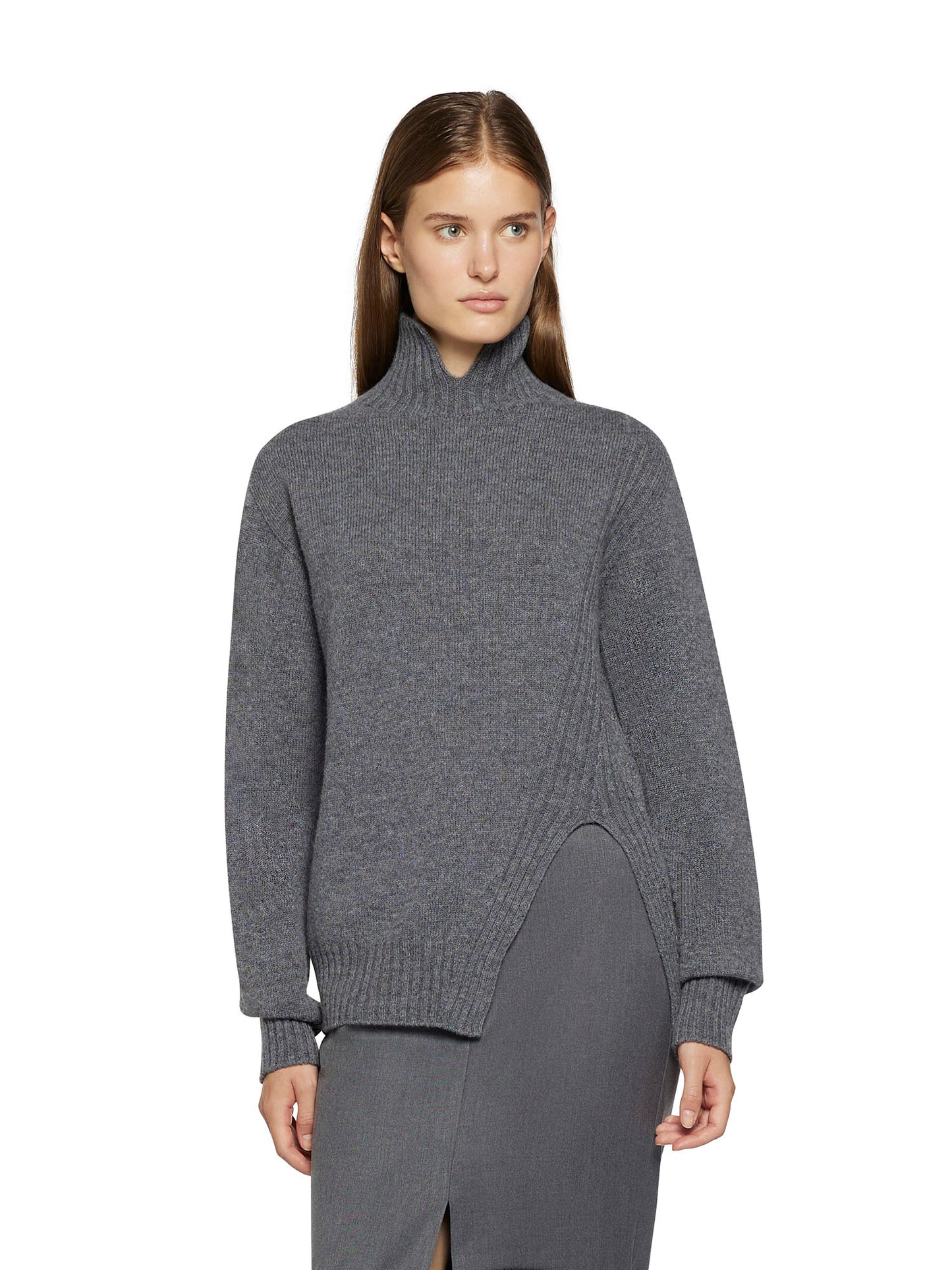 Sweater with open high neck and slanted front slit