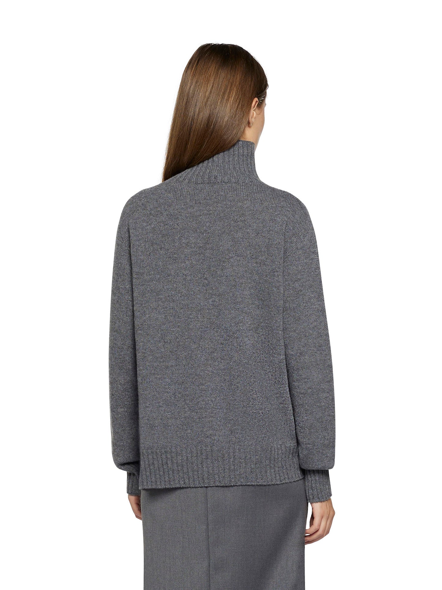 Sweater with open high neck and slanted front slit