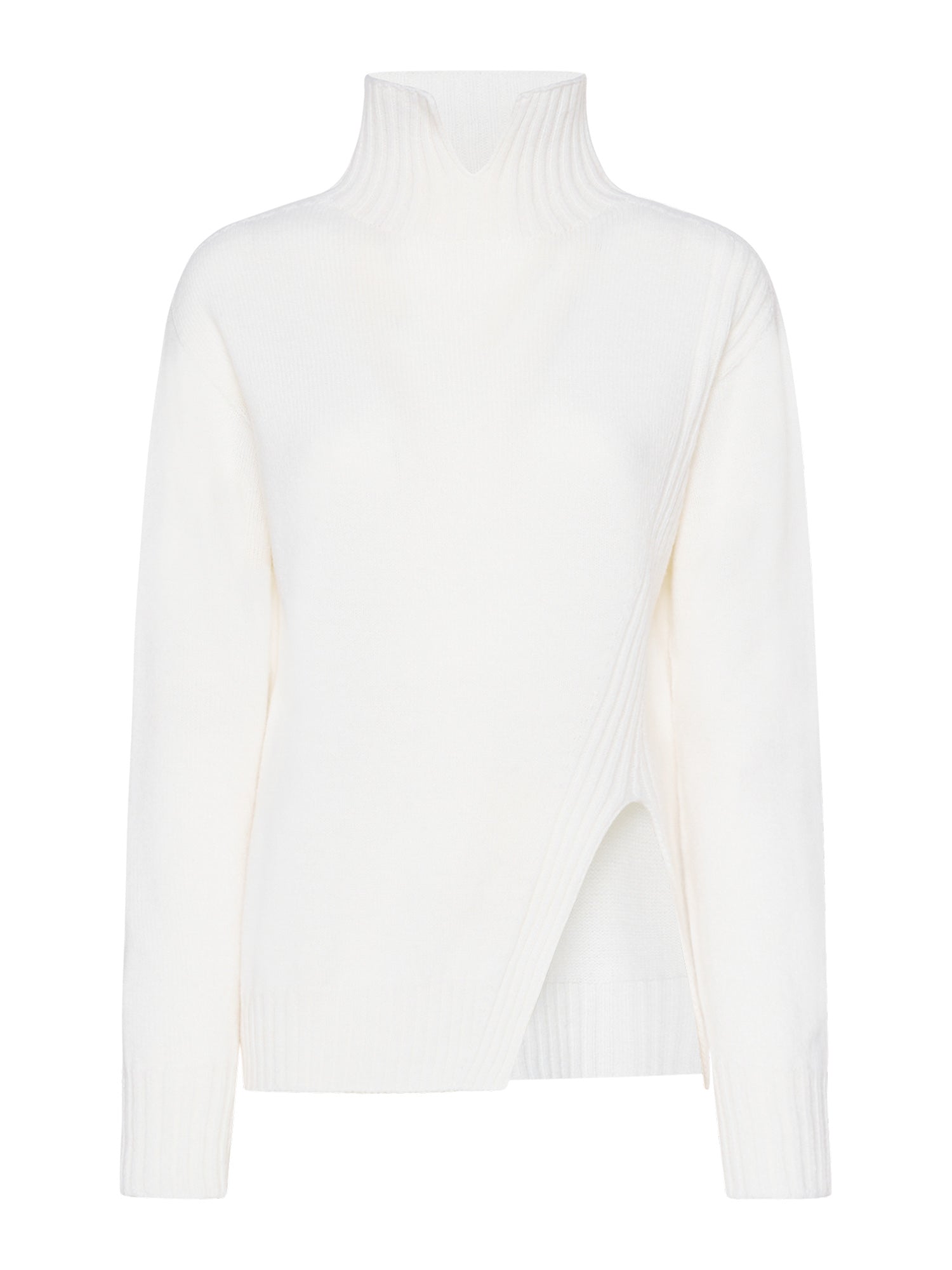 Sweater with open high neck and slanted front slit