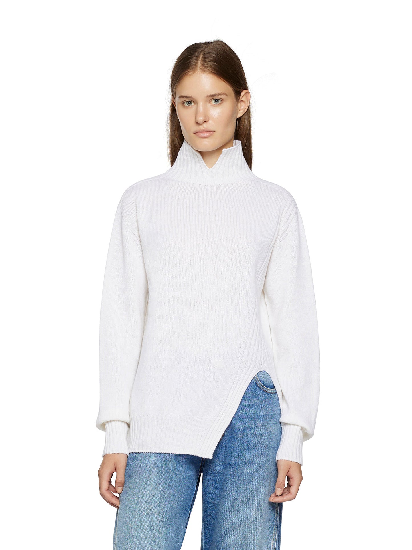 Sweater with open high neck and slanted front slit