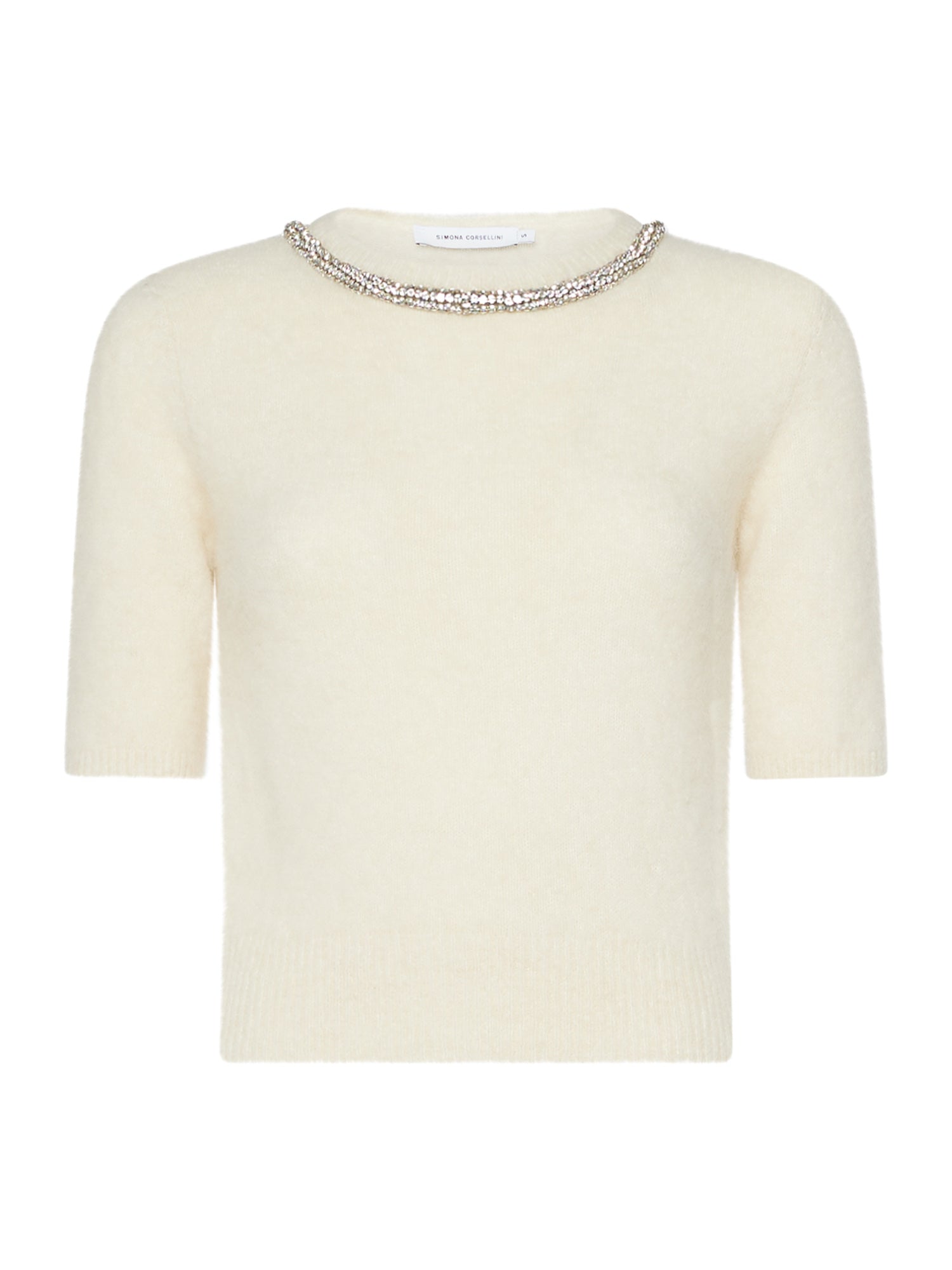 Alpaca-blend short-sleeved jumper with rhinestones in the neckline