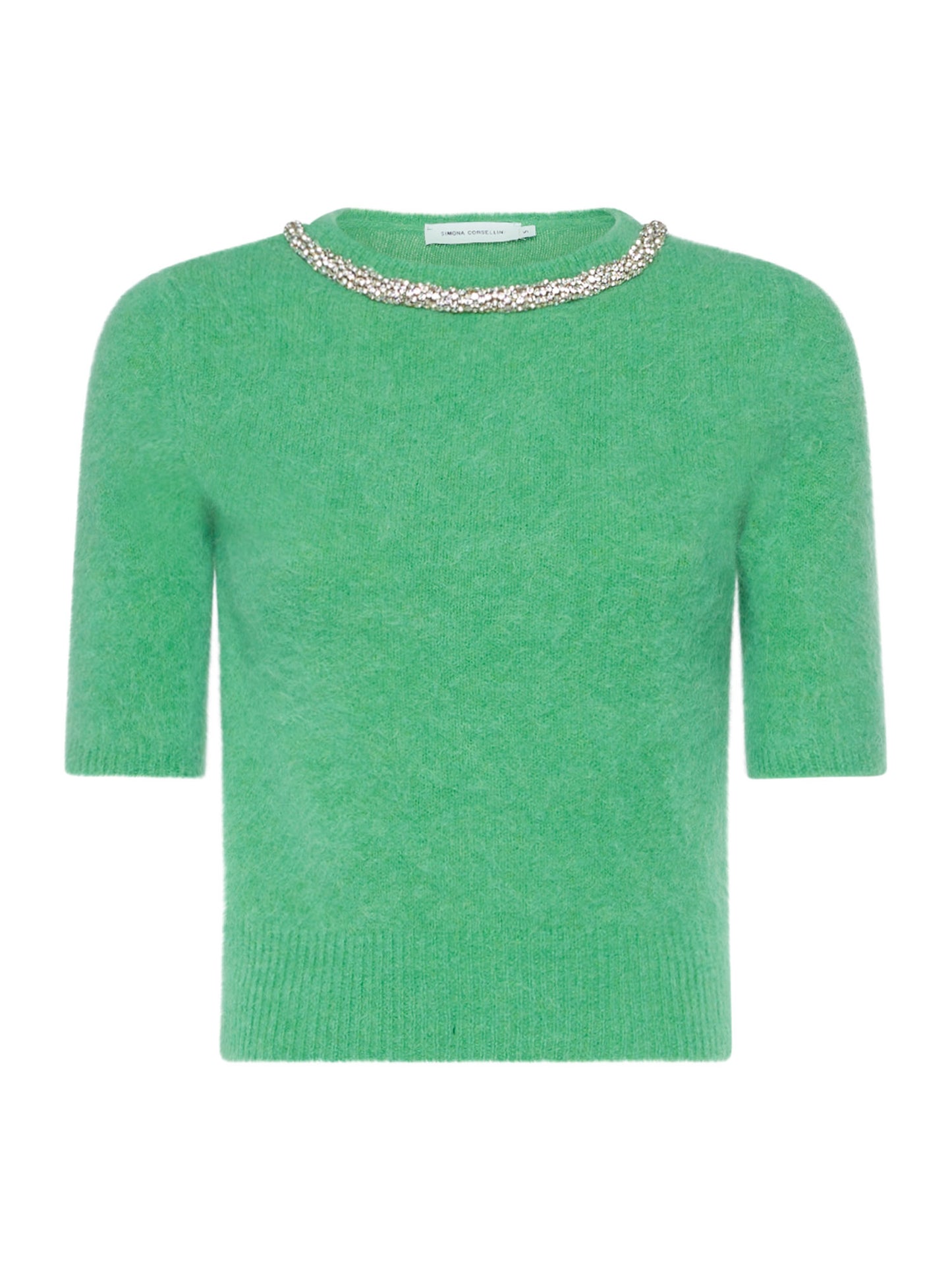 Alpaca-blend short-sleeved jumper with rhinestones in the neckline