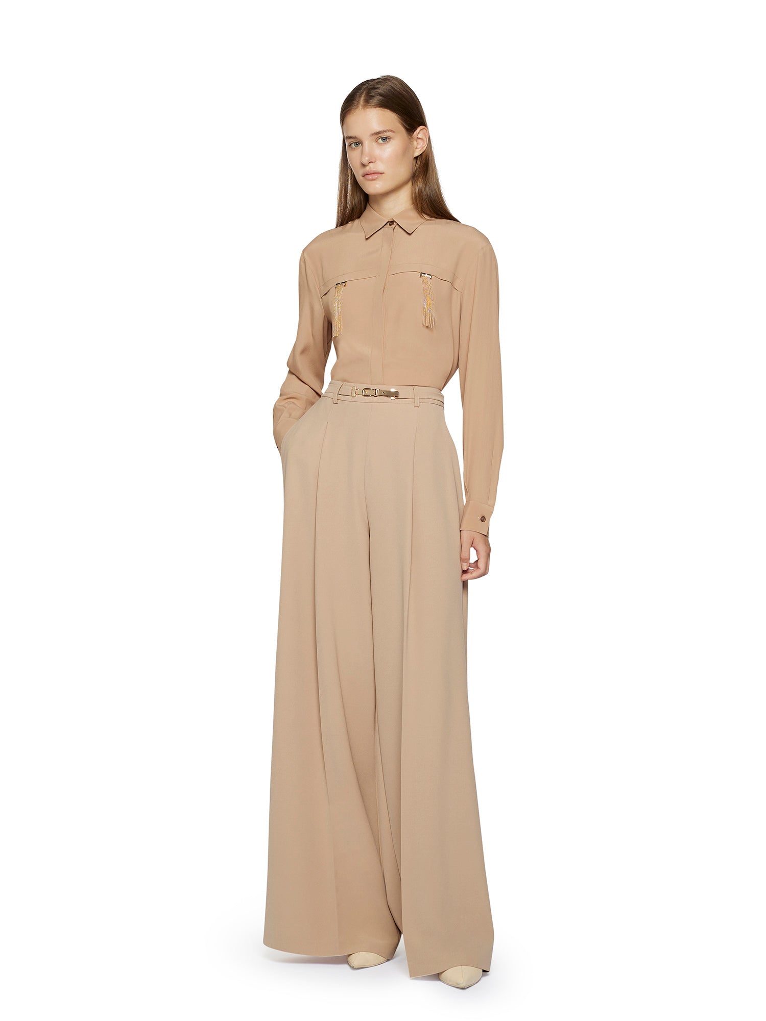 Wide trousers with gold-plated metal buckle