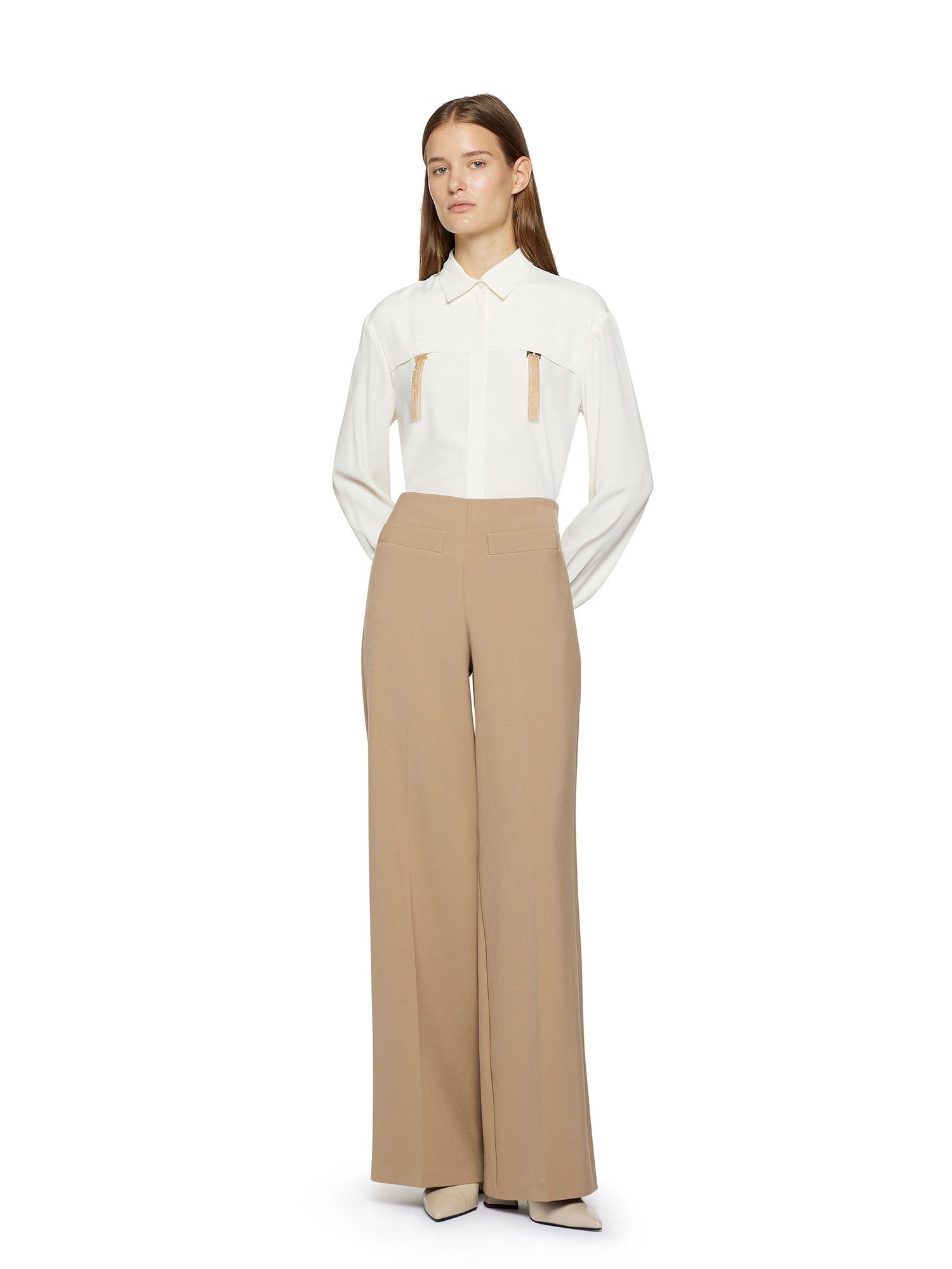 Wide-leg trousers with threads in poly cotton viscose elastane