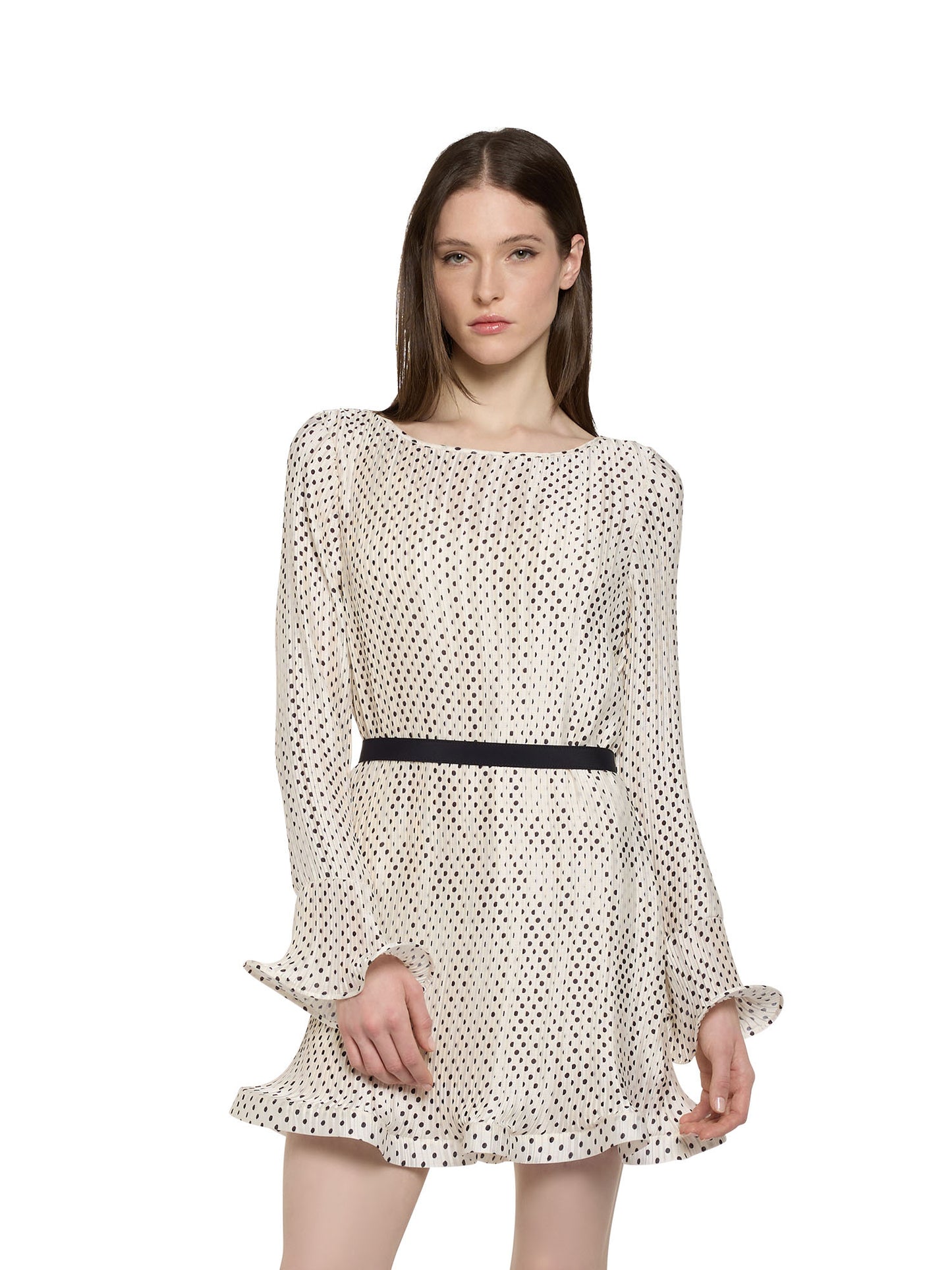 Short flared dress in pleated polka dot print