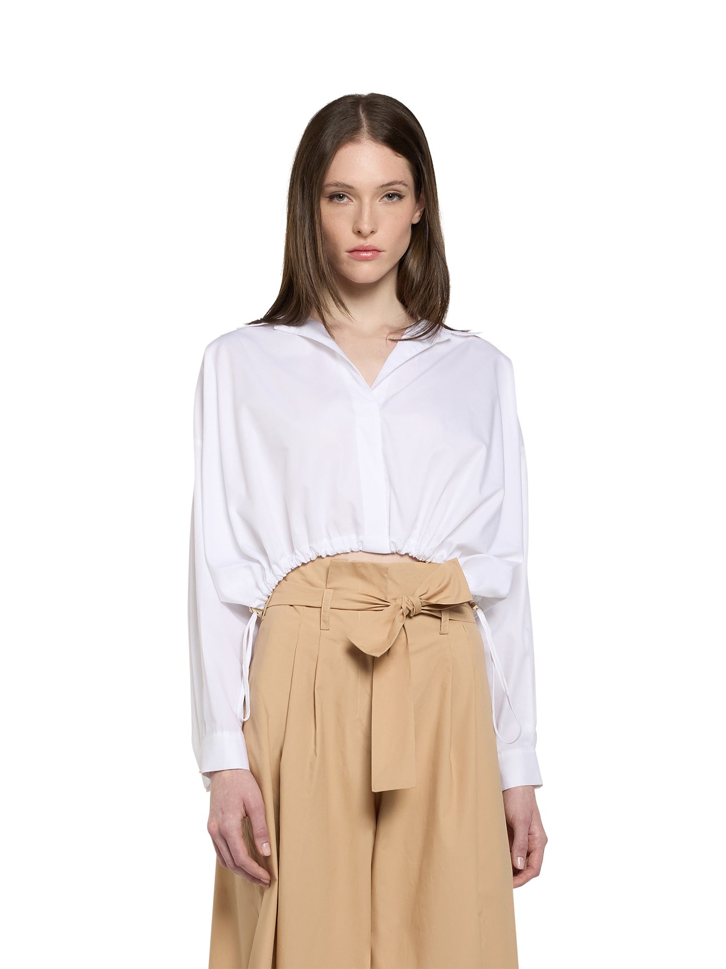 Camicia cropped in popeline con coulisse in vita