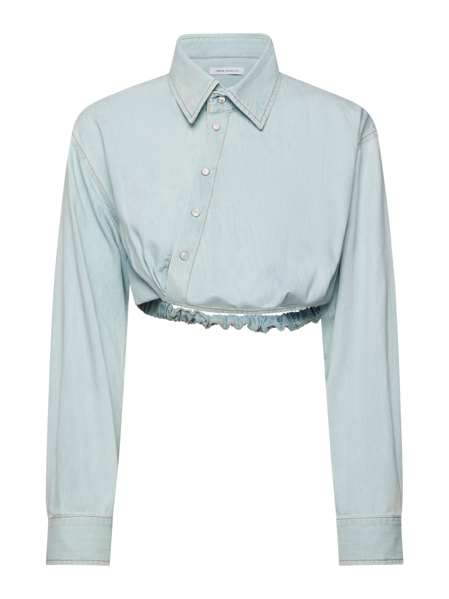 Camicia cropped in denim tencel con motivo pieghe davanti