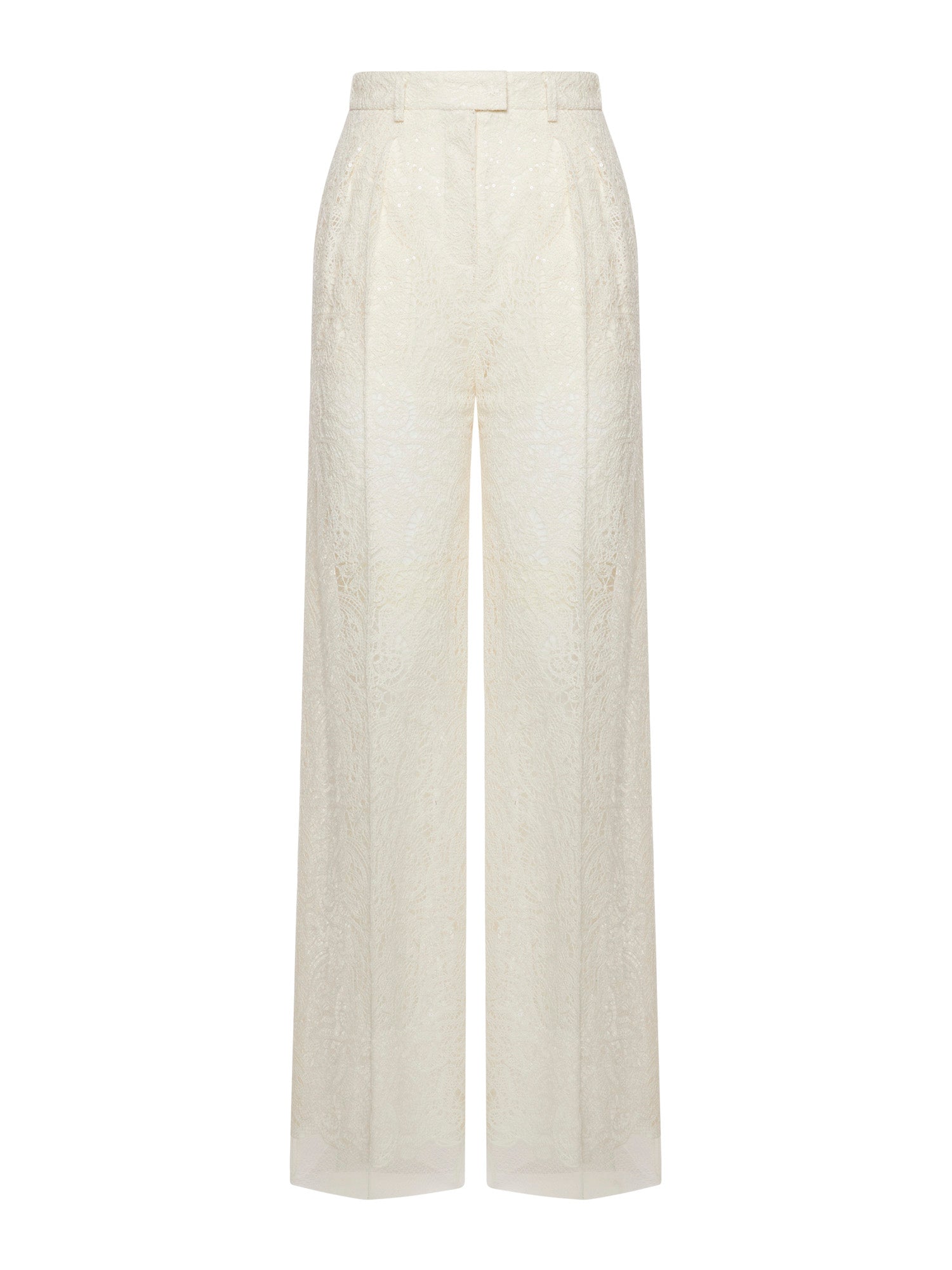 Wide-leg trousers in embroidered lace with double pleats