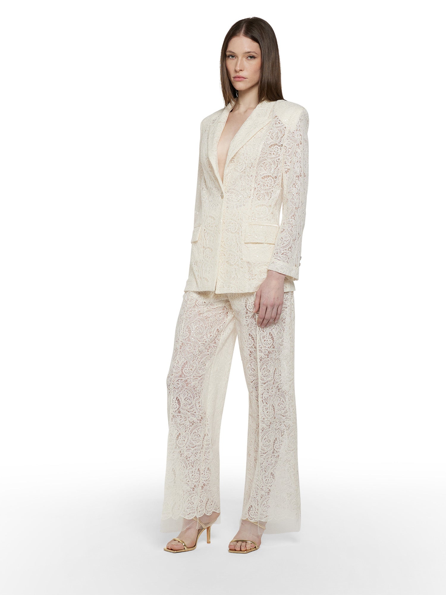 Wide-leg trousers in embroidered lace with double pleats