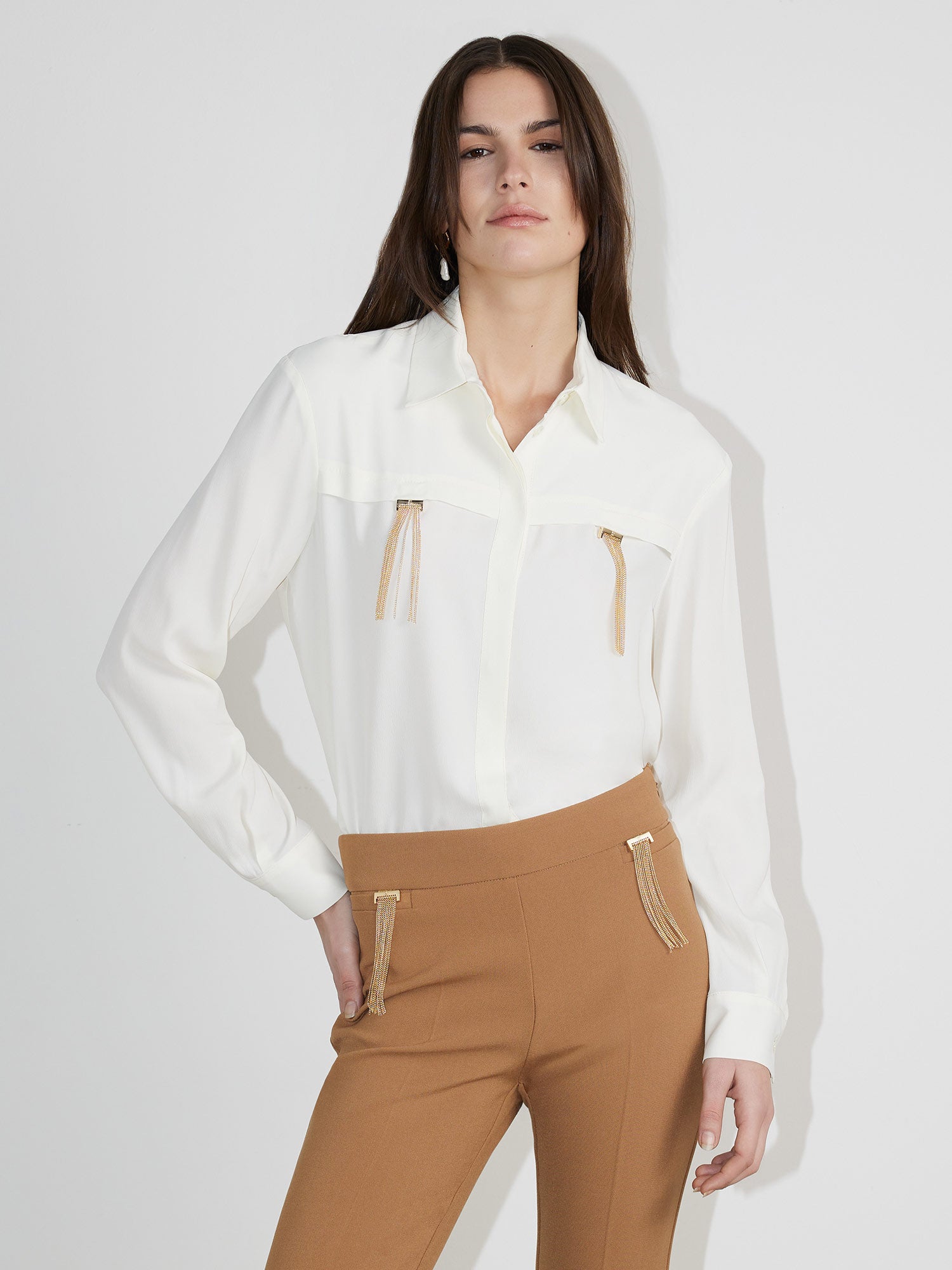 Silk acetate shirt with double loop pendant fringes