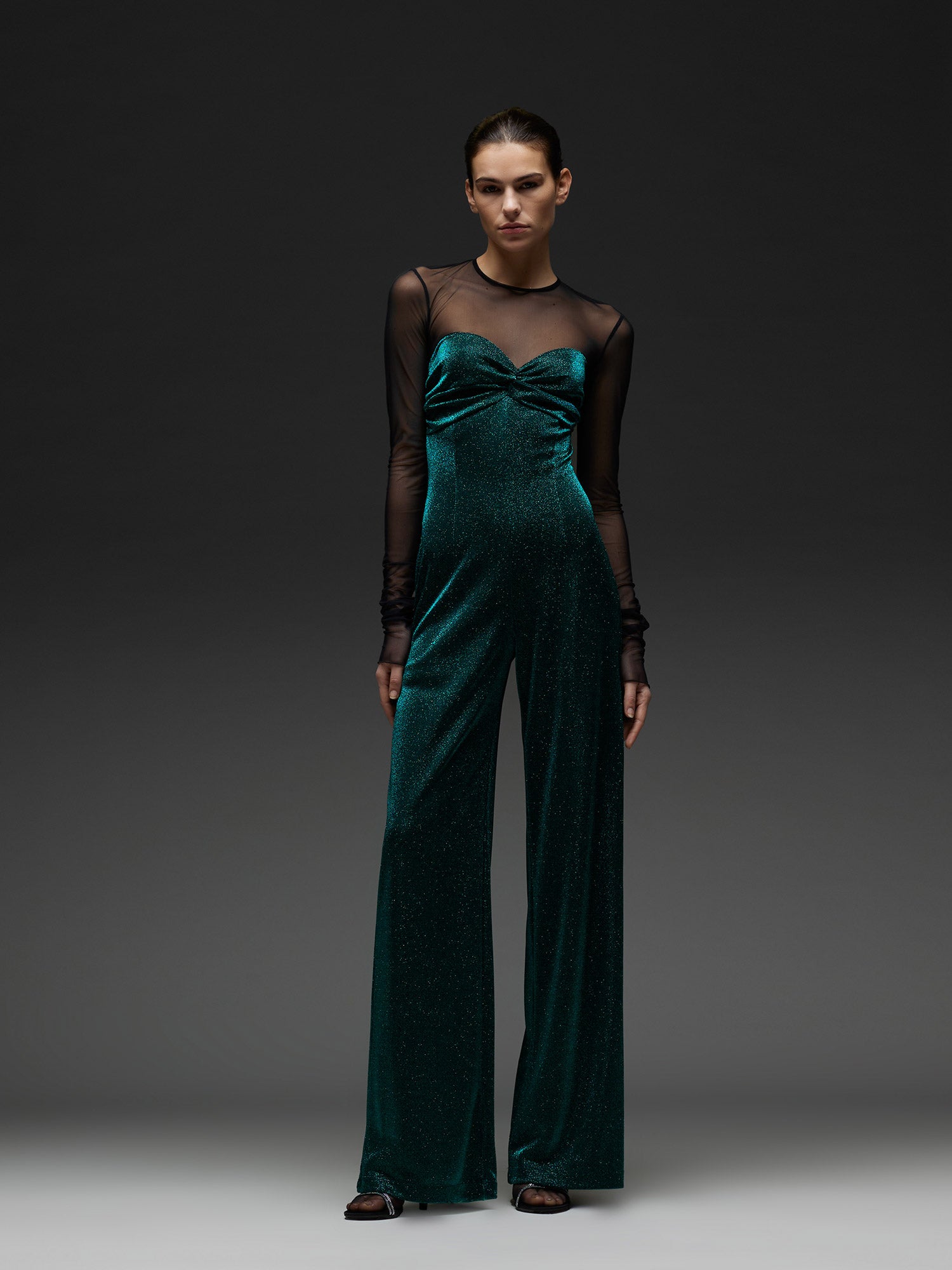 Lurex jersey jumpsuit with tulle insert