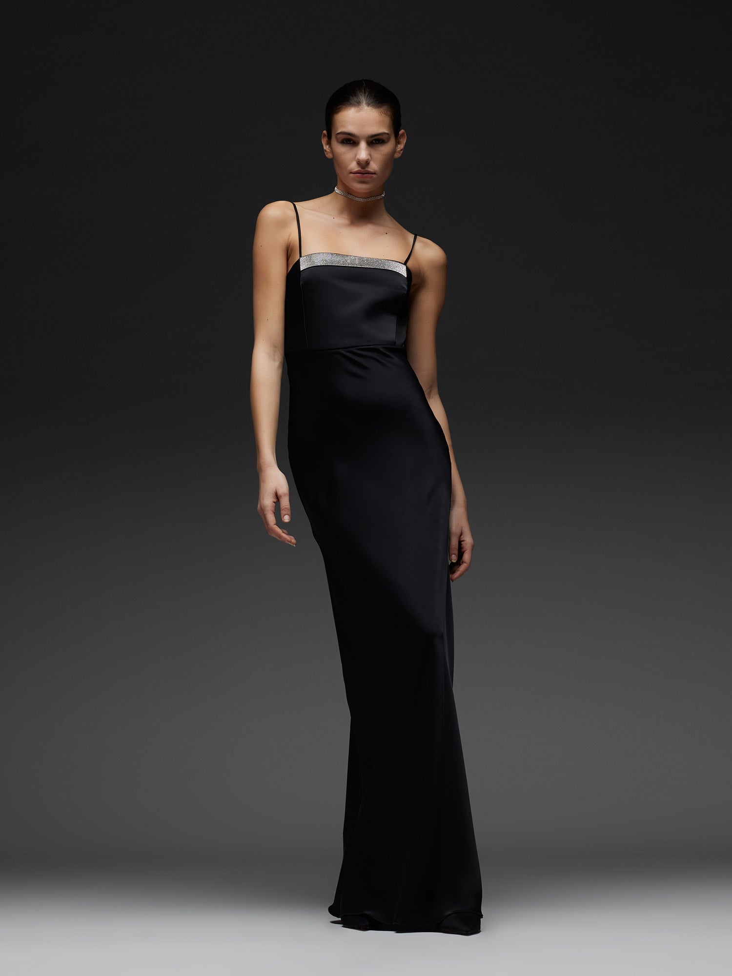 Long satin slip dress with crystal rhinestone band detail in the neckline